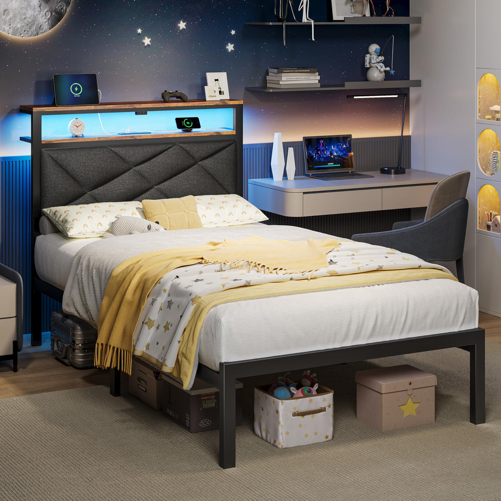Twin Size Bed Frame with LED Lights & Charging Station V2062