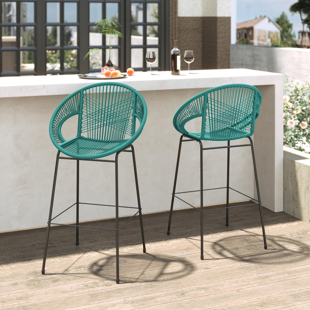 Teal Faux Wicker Outdoor Bar Stool, Set of 2 E97142