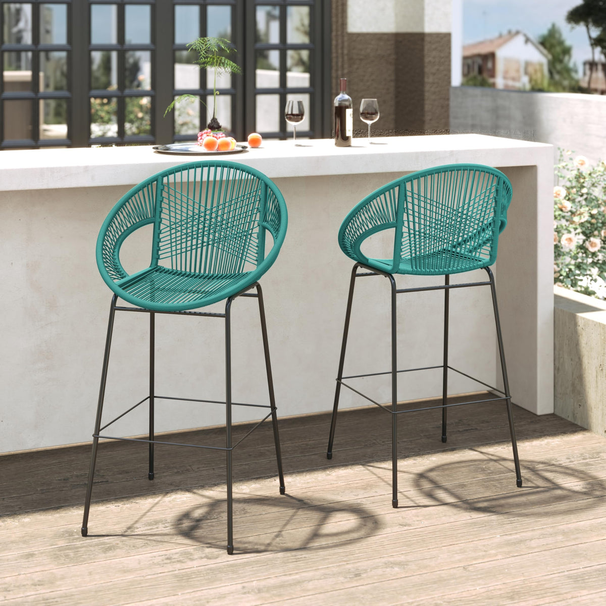 Teal Faux Wicker Outdoor Bar Stool, Set of 2 E97142