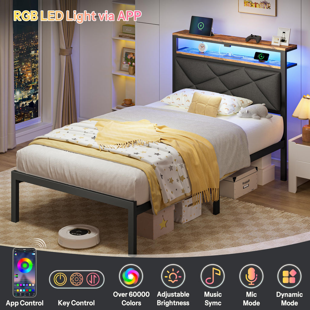 Twin Size Bed Frame with LED Lights & Charging Station V2062