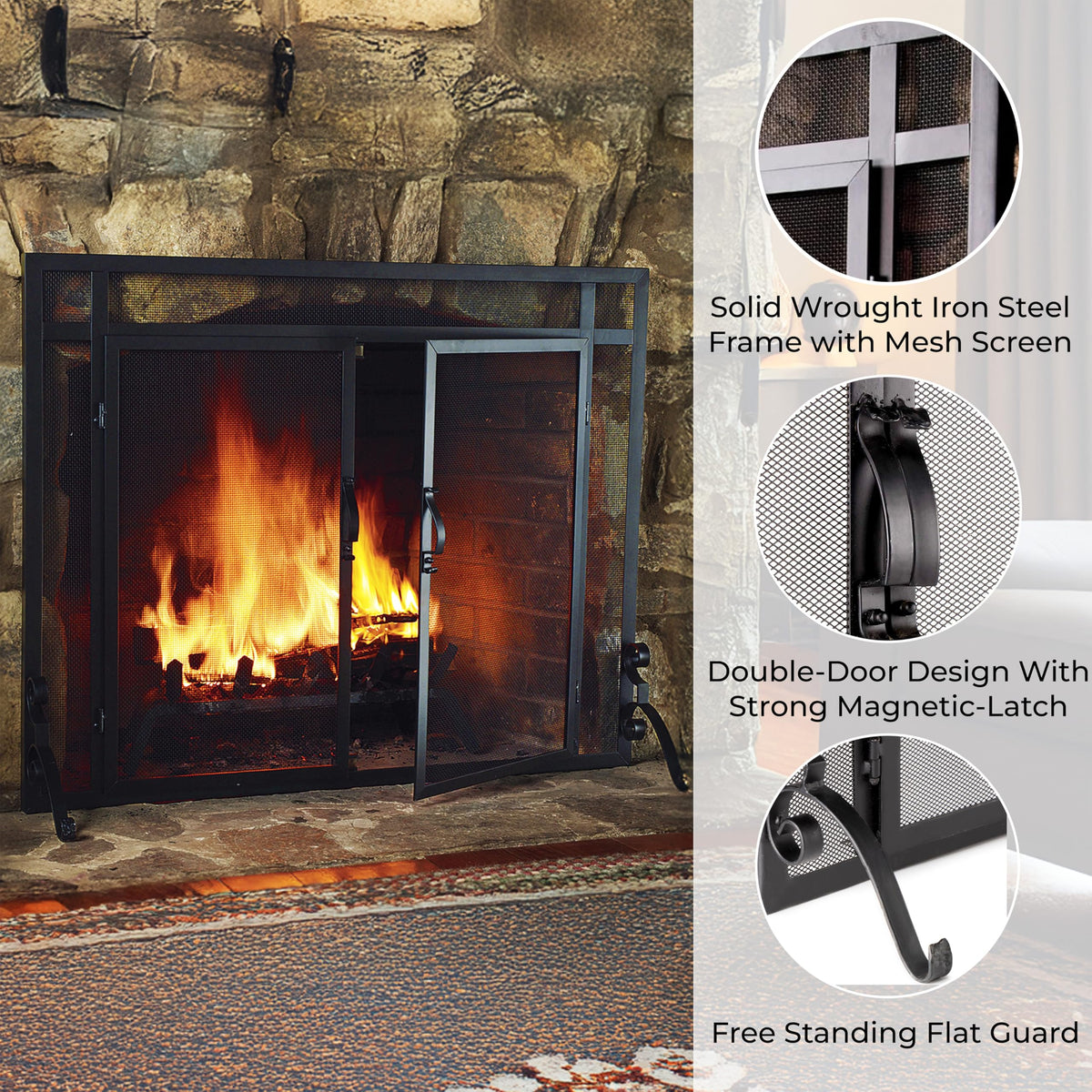 Black Metal Fireplace Screen with Hinged Doors E3846
