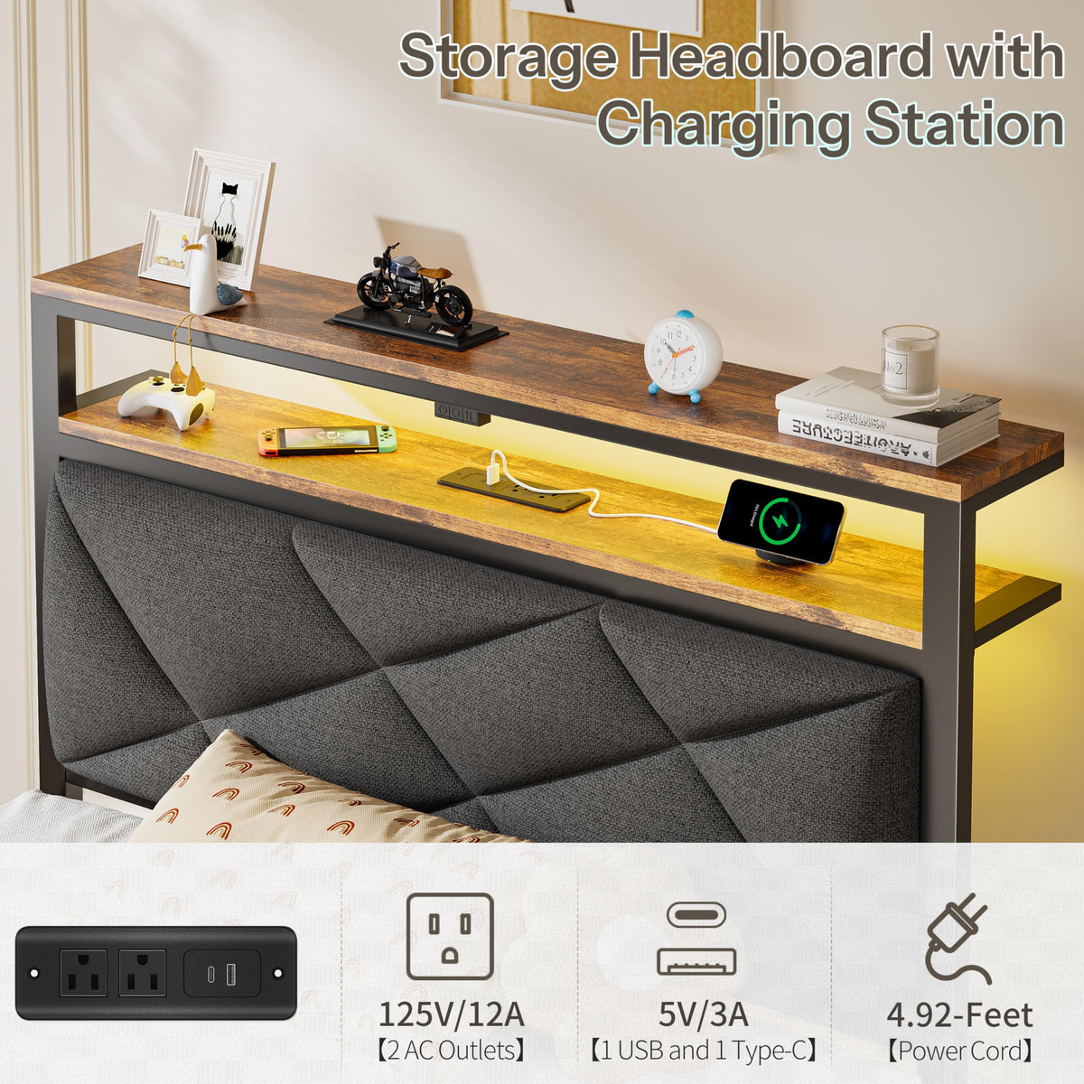 Twin Size Bed Frame with LED Lights & Charging Station V2062