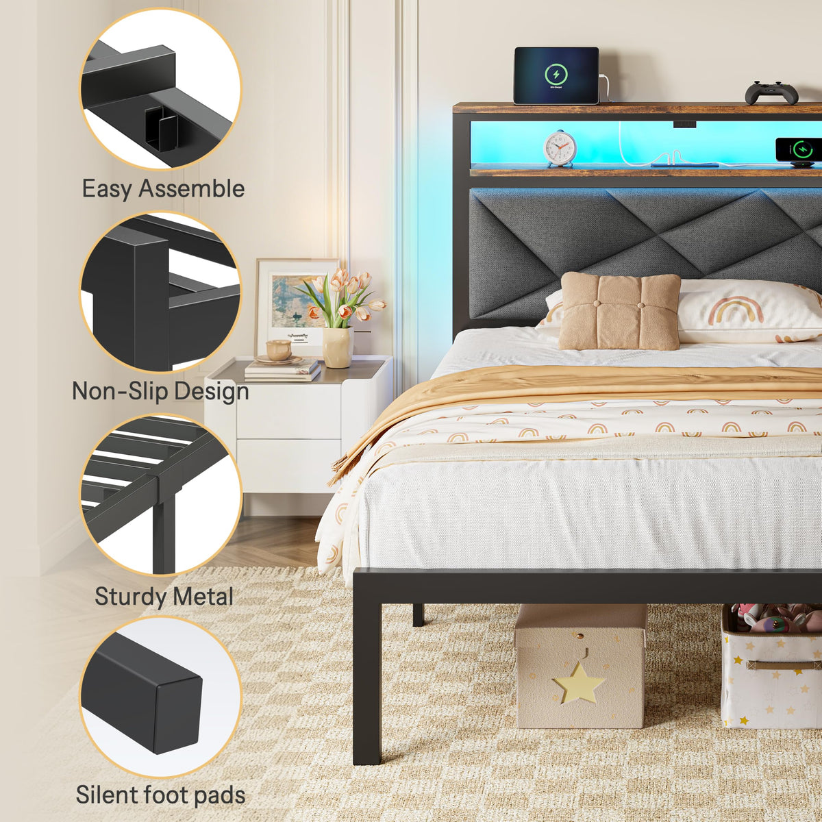 Twin Size Bed Frame with LED Lights & Charging Station V2062