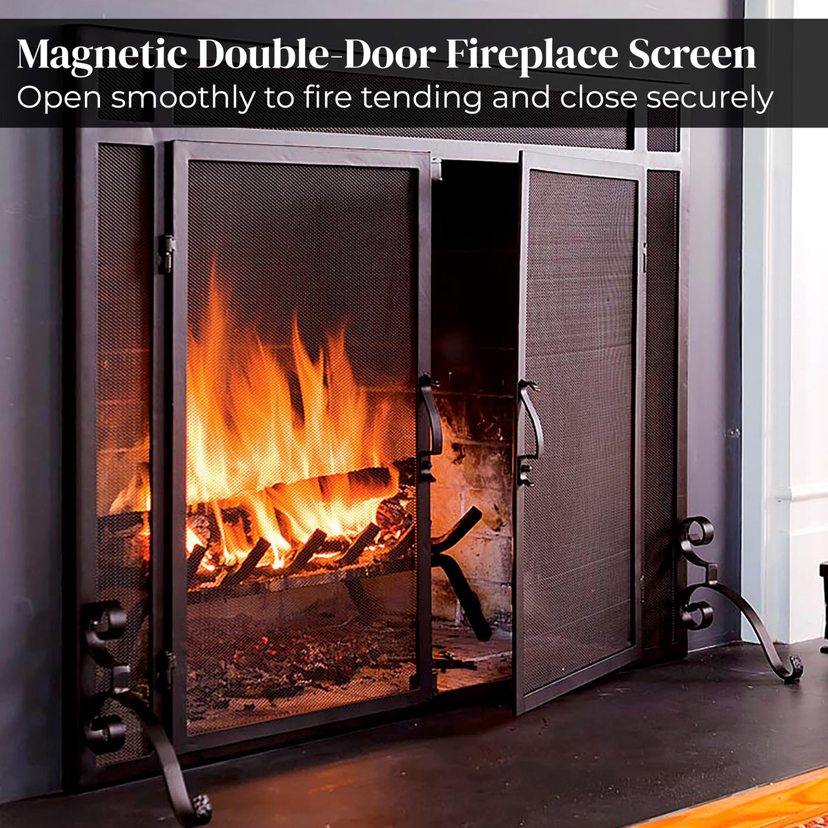 Black Metal Fireplace Screen with Hinged Doors E3846