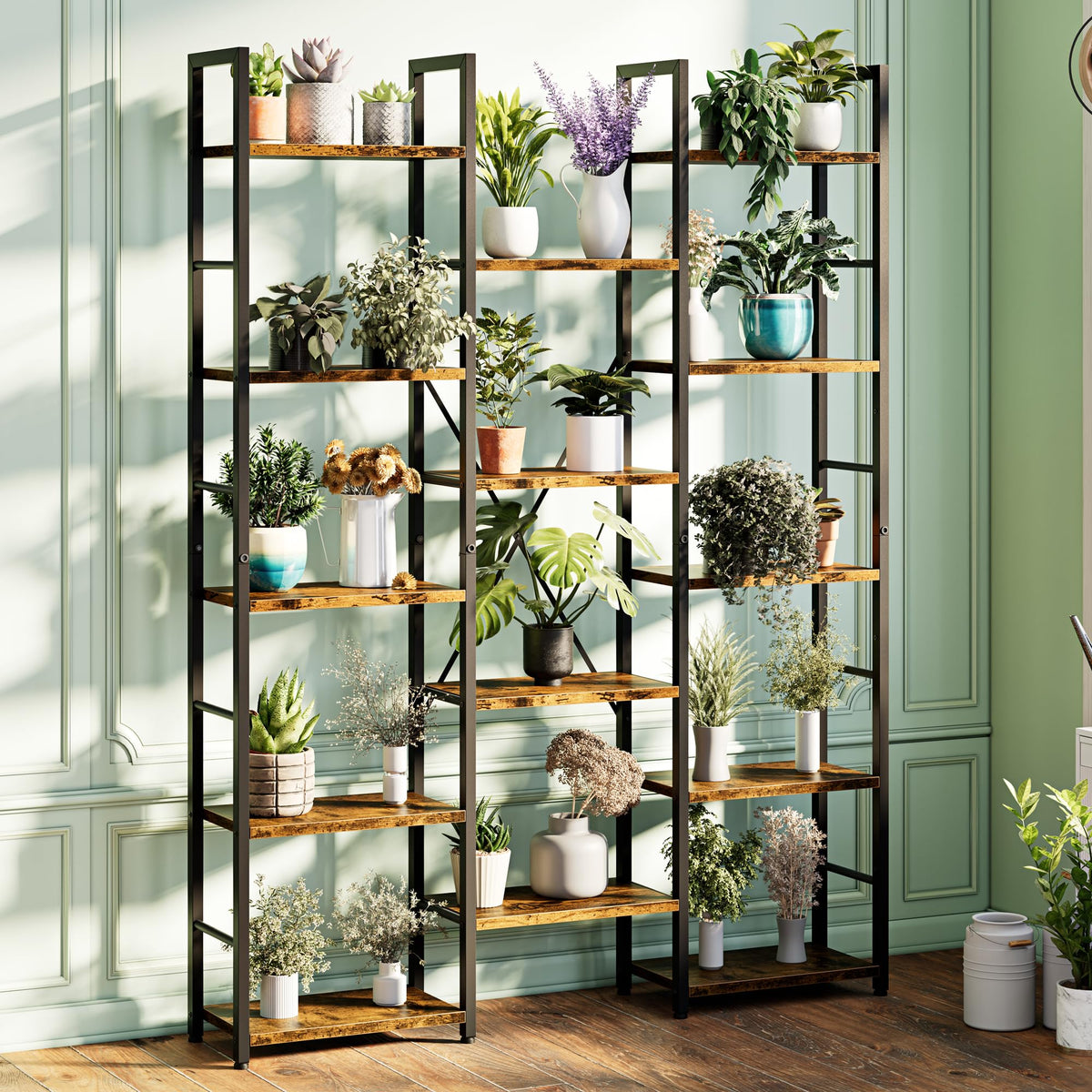 5 Tier Rustic Wood & Metal Bookshelf I305